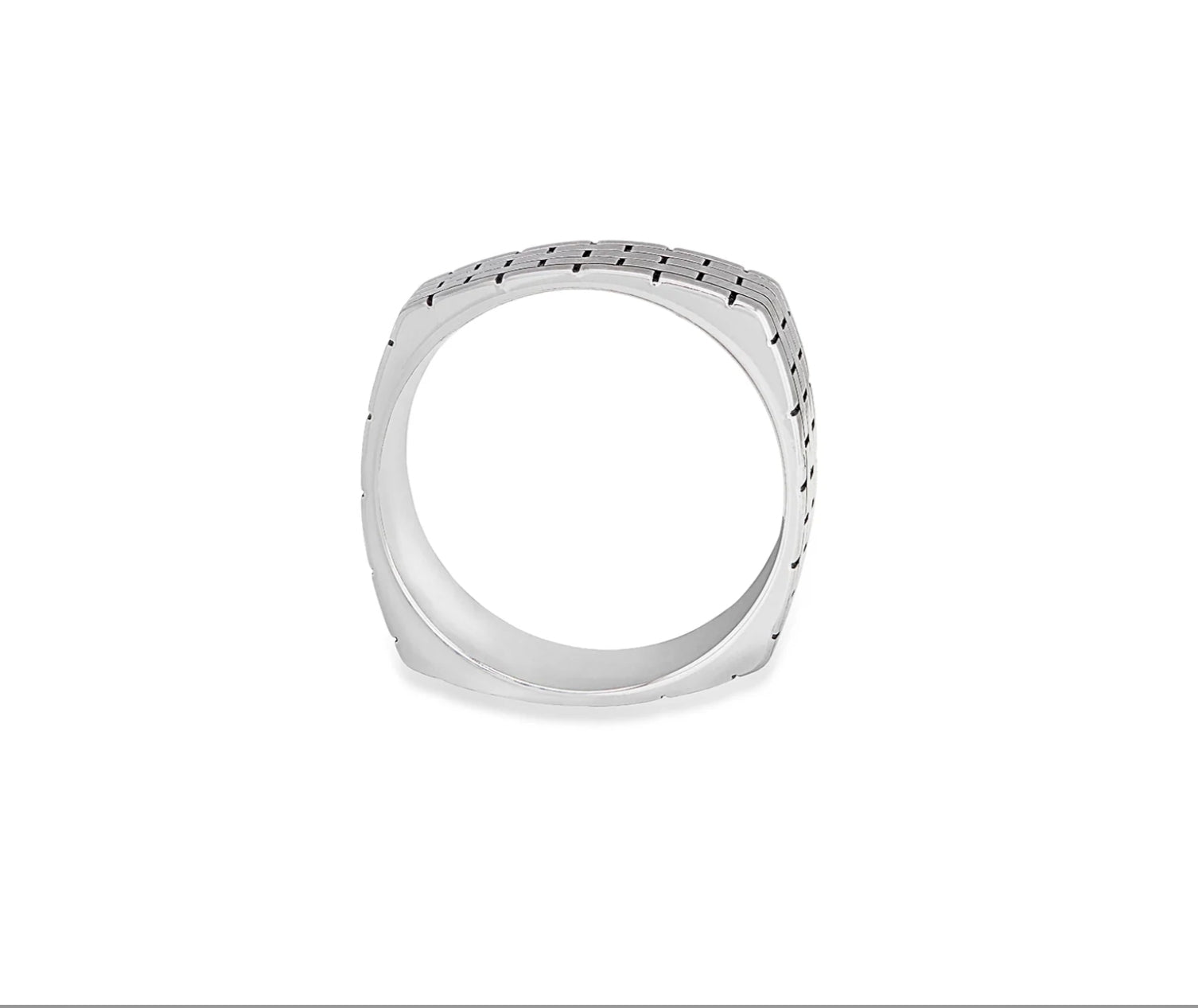Sterling silver square ring with brick pattern and polished finish.