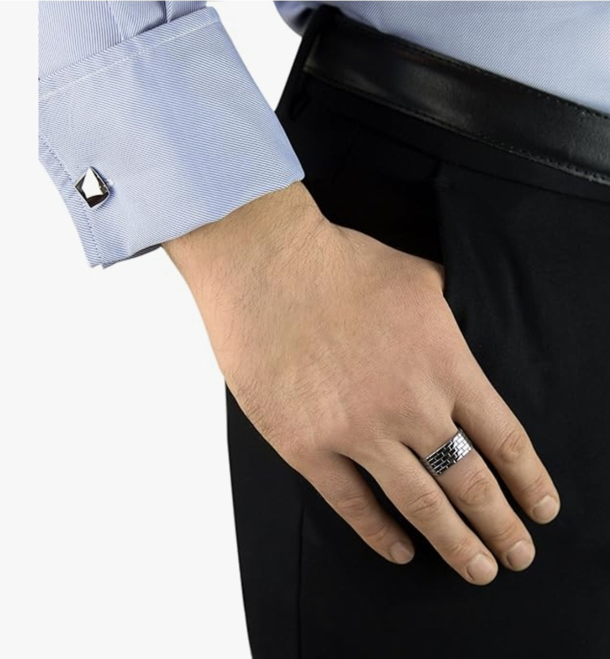 Hoxton Sterling Silver Brick Patterned Square Ring on man's finger, showcasing its bold, architectural design and polished finish.