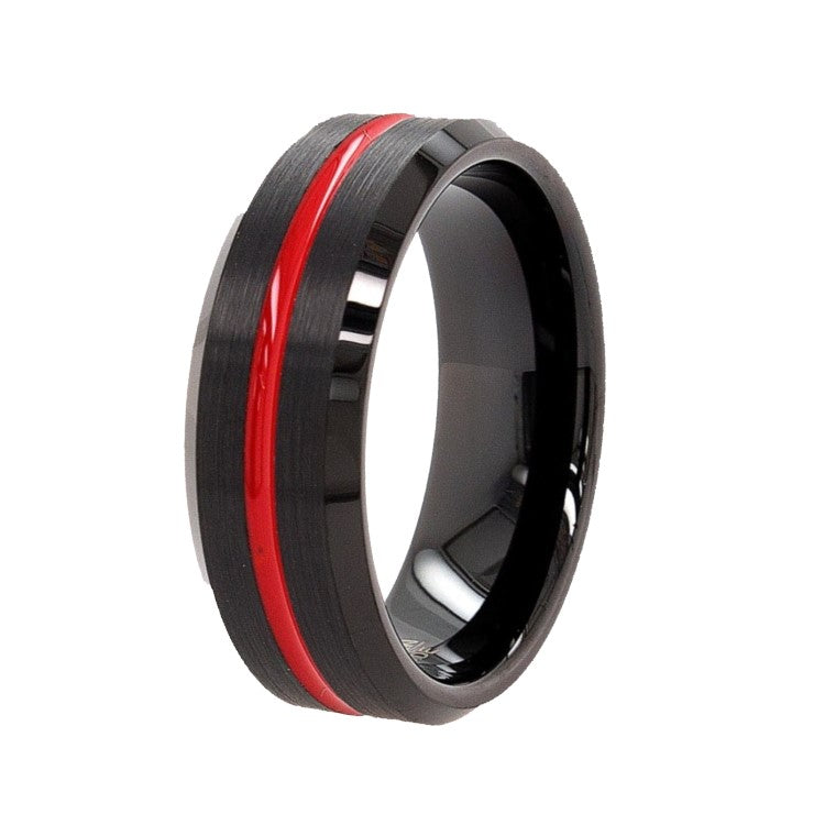 8mm black tungsten ring with red ion-plated groove and polished beveled edges.