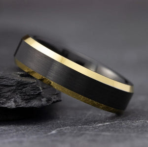 6mm black and gold tungsten carbide ring with satin and polished finish.