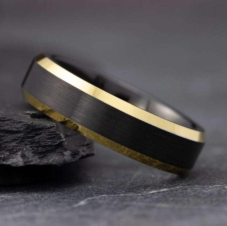 6mm black and gold tungsten carbide ring with satin and polished finish.