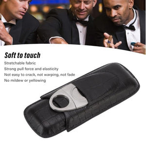 Brown leather travel 3 finger cigar case with cutter, imitation crocodile texture, holds up to 3 cigars.
