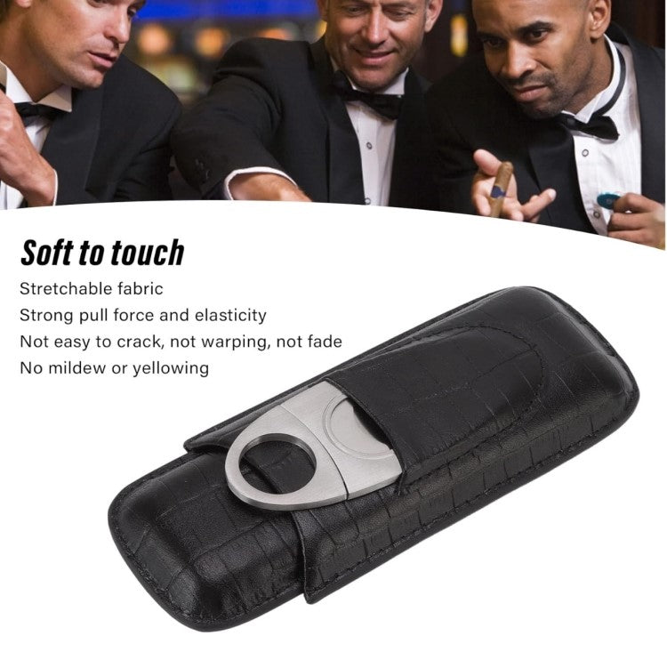 Brown leather travel 3 finger cigar case with cutter, imitation crocodile texture, holds up to 3 cigars.