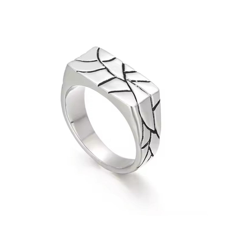 Men's stainless steel ring with unique "crazy pattern" finish, modern design.