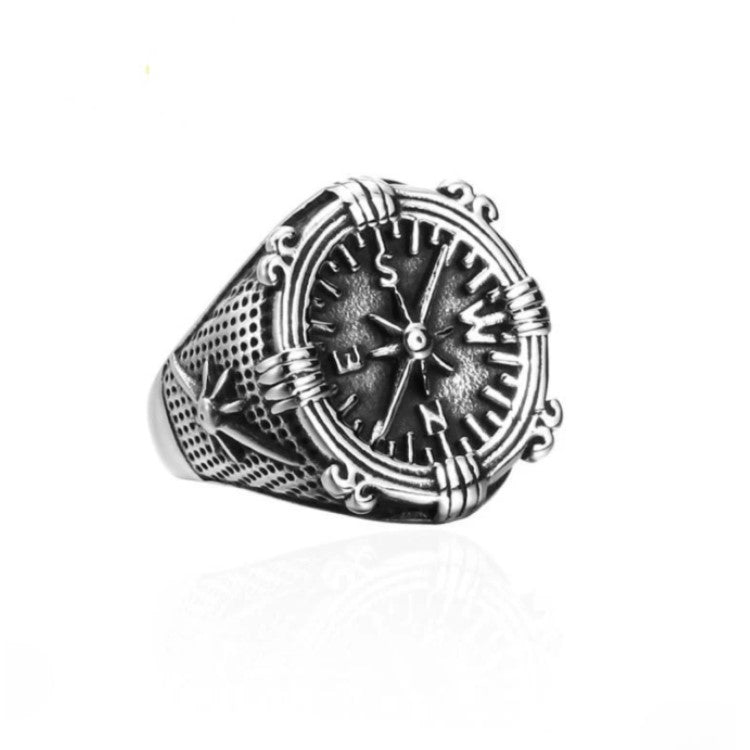 Men’s vintage Viking compass ring in stainless steel with Norse-inspired design and rugged style.