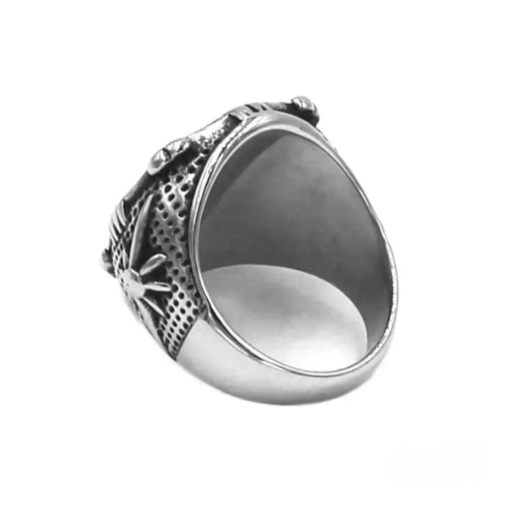 Men’s vintage Viking compass ring in stainless steel with round face and oxidized details.
