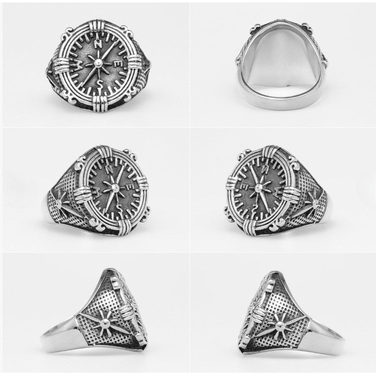 Men’s Vintage Viking Compass Ring in stainless steel with Norse Vegvisir design, antique silver finish, and rugged style.