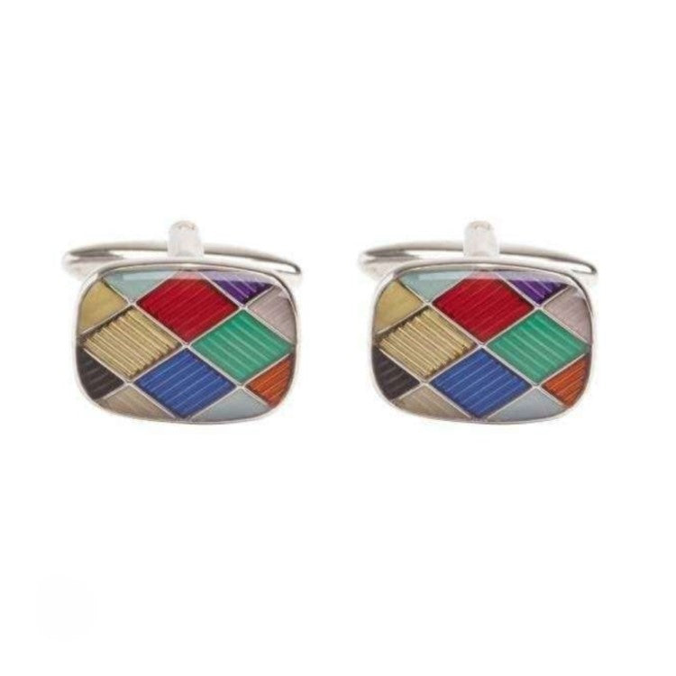 Harlequin Enamel Rhodium Plated Cufflinks with vibrant pattern and polished finish.