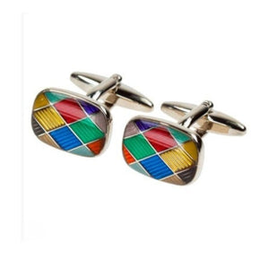 Harlequin enamel rhodium plated cufflinks with colorful pattern and T-bar fastening.