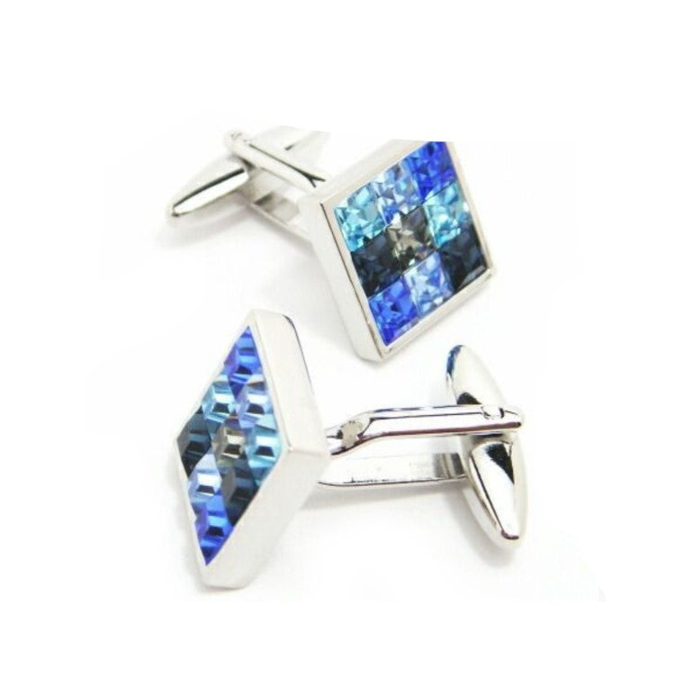Rhodium-plated square cufflinks with blue Swarovski crystals.