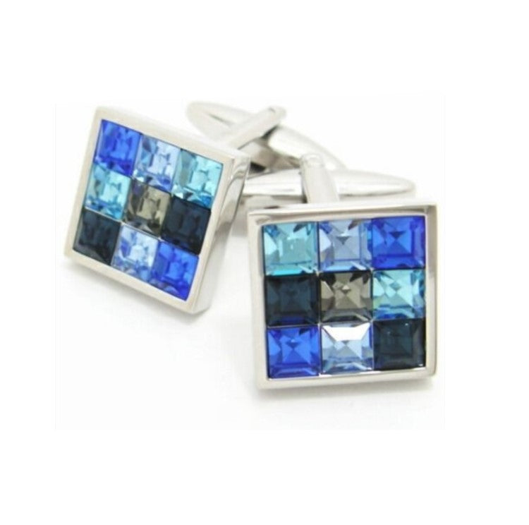 Rhodium-plated square cufflinks with blue Swarovski crystals, elegant design, luxury men's accessory.