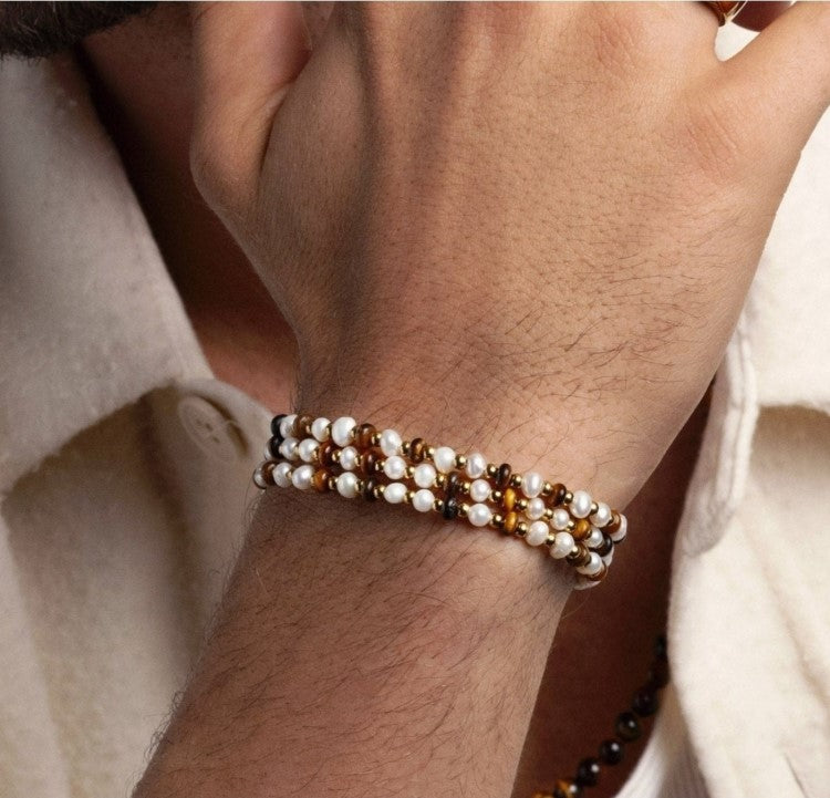 Men’s Wrap Bracelet with White Pearls, Tiger Eye, and Gold beads