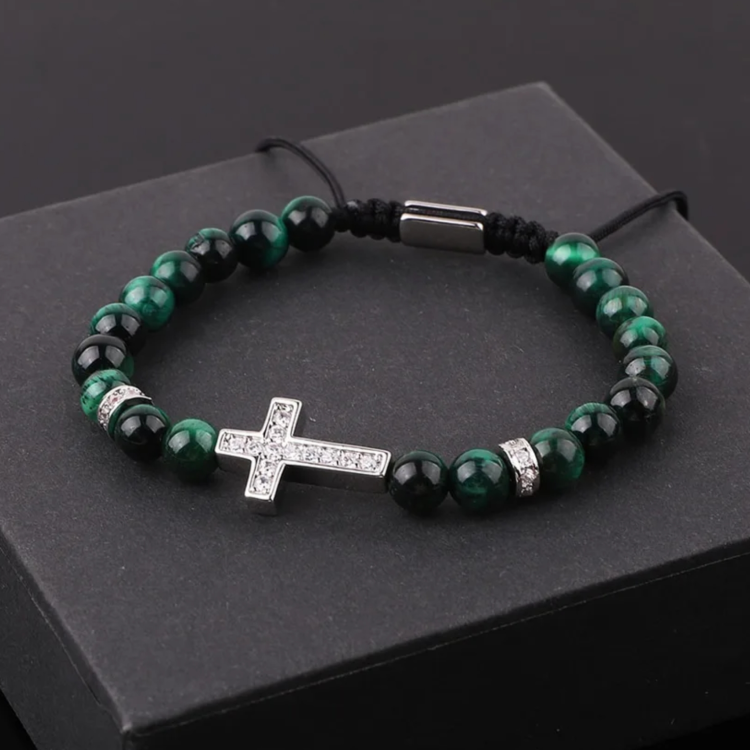 Natural 6mm tiger eye beaded CZ cross charm macrame bracelet with adjustable cord, handcrafted by T.M.J.