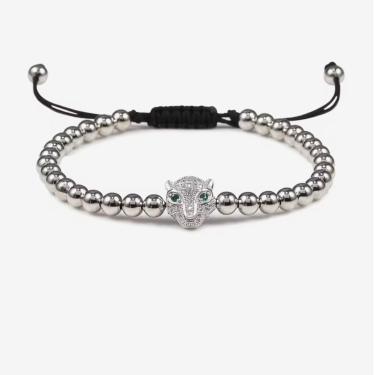 Luxury CZ diamond Puma charm macrame bead bracelet by T.M.J featuring intricate knot details and sparkling gemstone accents.