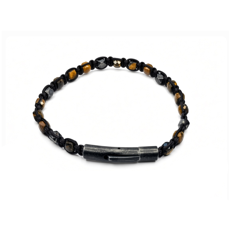 Vanguard men's tiger eye bead macrame bracelet with stainless steel lock clasp