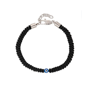 Guardian evil eye knotted cord bracelet in stainless steel, close-up of the charm