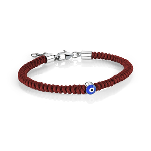 Guardian evil eye knotted cord bracelet with blue enamel charm in stainless steel