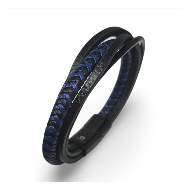 Stainless men’s black and blue multi strand leather  bracelet
