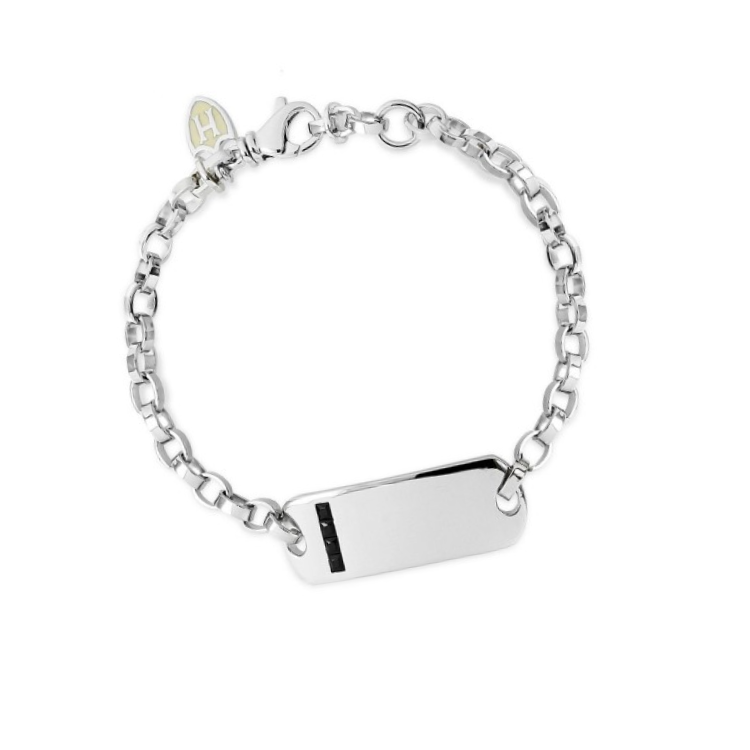 Hoxton Rhodium-Plated Sterling Silver ID Bar Bracelet with Black CZ