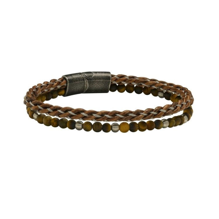 TMJ Marlowe Tiger Eye and braided leather wrap bracelet with natural gemstone beads and leather cords on a neutral background.