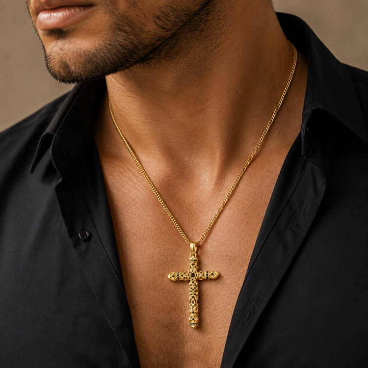 Ambrose Silver Cross Pendant with 18K Gold PVD Plating & Black Onyx