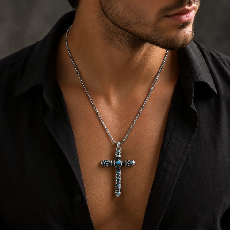 Silver Cross with Turquoise and Engraving Double Sided Pendant