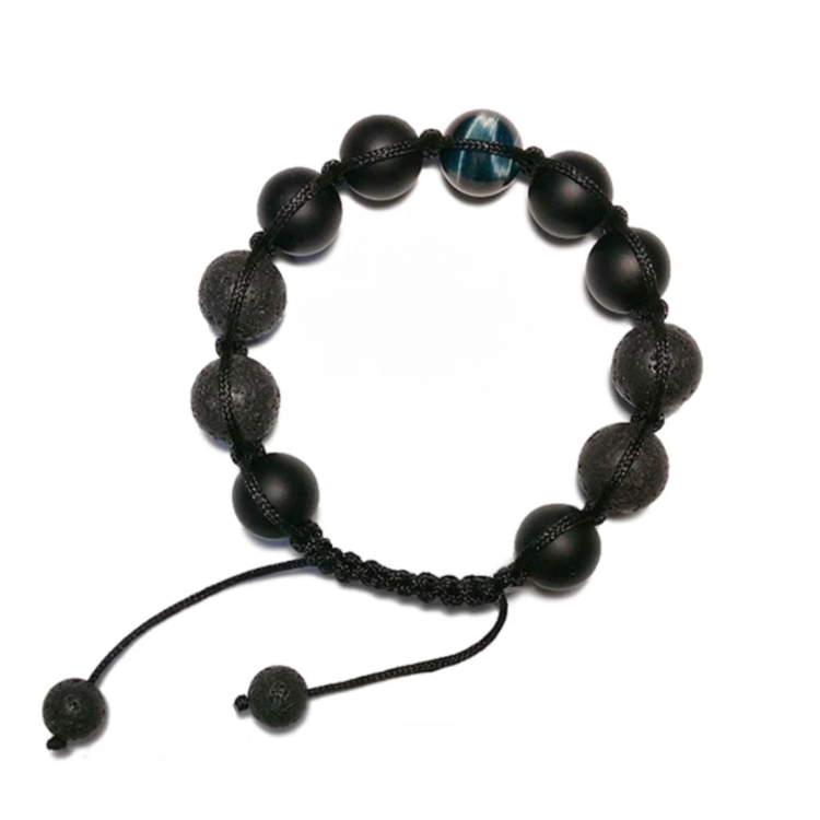 Lava Agate and Tiger Eye beaded bracelet by T.M.J, featuring natural stone beads and intricate macramé cord.