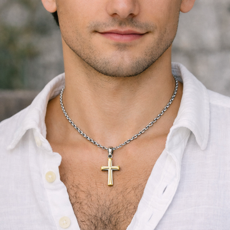 Gold PVD stainless steel cross pendant by Cudworth, featuring a sleek and polished design with detailed cross craftsmanship.
