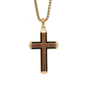 Callahan Bubinga wood cross pendant on gold PVD stainless steel chain, featuring a detailed wooden cross and polished metal finish.