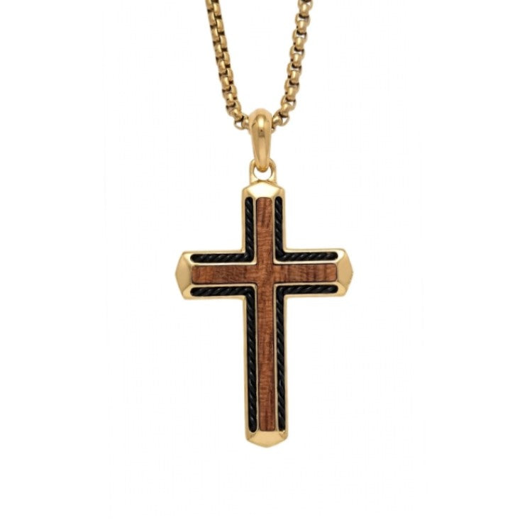 Callahan Bubinga wood cross pendant on gold PVD stainless steel chain, featuring a detailed wooden cross and polished metal finish.