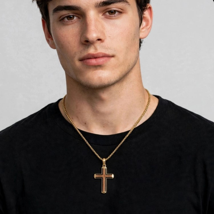 Callahan Bubinga wood cross pendant on gold PVD stainless steel chain, featuring detailed craftsmanship and natural wood grain.