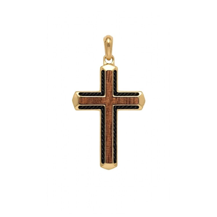 Callahan Bubinga wood cross pendant on gold PVD stainless steel chain, featuring a detailed wooden cross with a polished finish.