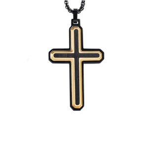 Callahan ebony wood cross pendant on gold and black PVD stainless steel necklace, featuring a stylish religious jewelry design.