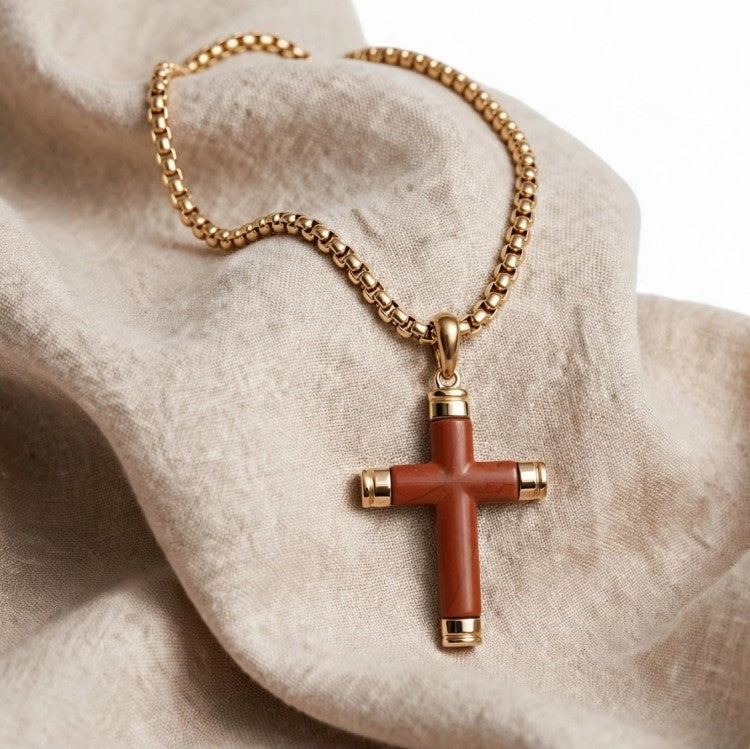 Corven Red Jasper Cross Pendant on gold PVD stainless steel with detailed red jasper stone and polished finish.