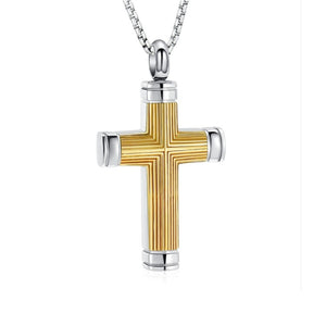 Cudworth Halden two-tone stainless steel ribbed cross pendant showing detailed textured design and polished finish.