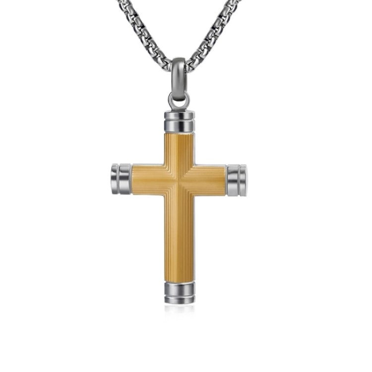 Halden Two-Tone Stainless Steel Ribbed Cross Pendant by Cudworth featuring a sleek ribbed design and dual-tone finish.