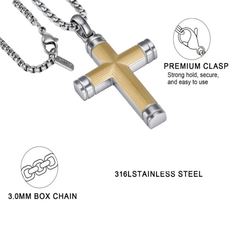 Halden Two-Tone Stainless Steel Ribbed Cross Pendant by Cudworth, featuring a sleek cross design with ribbed details and two-tone finish.