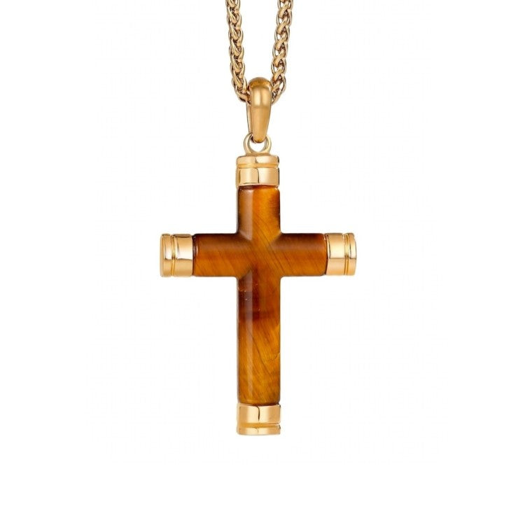 Kestrel Tiger's Eye cross pendant on gold PVD stainless steel chain, featuring intricate design and polished finish.