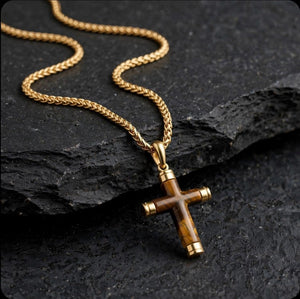 Kestrel Tiger's Eye cross pendant on gold PVD stainless steel chain, featuring a detailed cross design by Cudworth.
