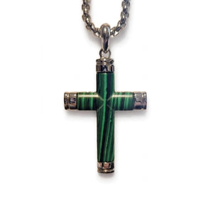 Verdant malachite stone cross pendant on stainless steel chain, crafted by Cudworth, featuring vibrant green gemstone and intricate design.