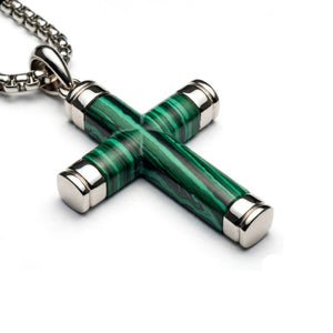Verdant malachite stone cross pendant on stainless steel chain, stylish religious jewelry by Cudworth.