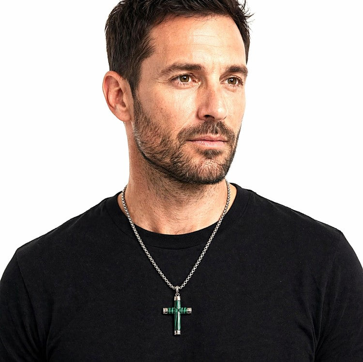 Verdant malachite stone cross pendant on stainless steel chain, featuring a detailed Cudworth cross design.
