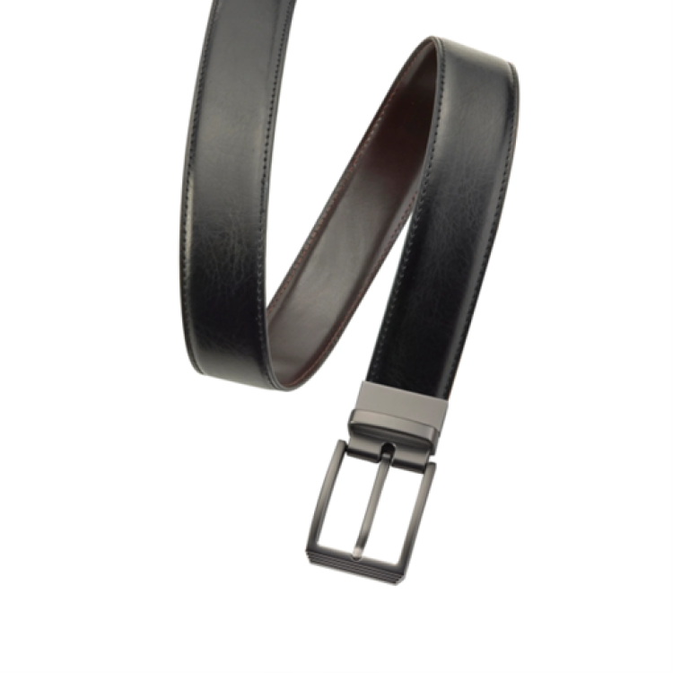 Reversible leather belt by Cudworth with black and brown stitched design, showcasing the stitched leather strap.
