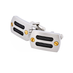 Brushed stainless steel and ion-plated black cable and screws cufflinks by Cudworth, featuring a sleek plain metal design.