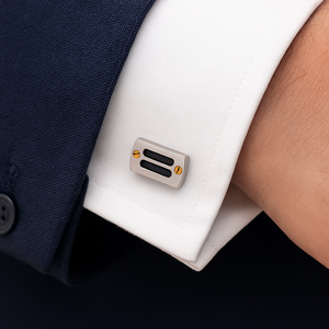 Brushed stainless steel and black ion-plated cable and screw cufflinks by Cudworth, plain metal design with polished finish.