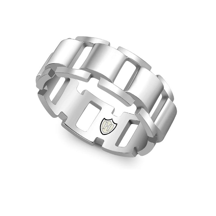 Sterling silver men's ring with high-polished open square link design from Cudworth's Hoxton London collection.