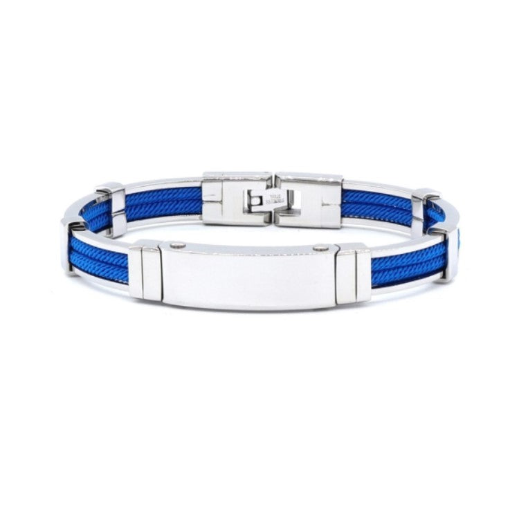 Polished stainless steel bracelet with double rope design by Cudworth, featuring a royal blue accent and sleek finish.