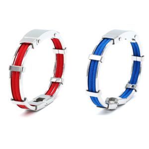 Polished stainless steel bracelet with double rope design by Cudworth, featuring a royal blue accent and sleek, reflective finish.