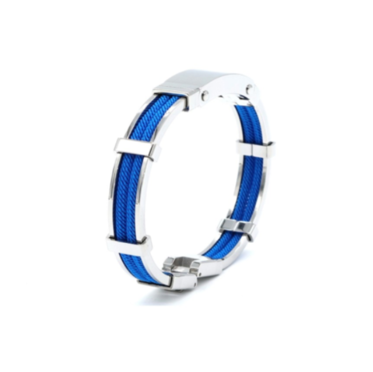 Polished stainless steel bracelet and double rope design by Cudworth, featuring a royal blue accent in a close-up shot.