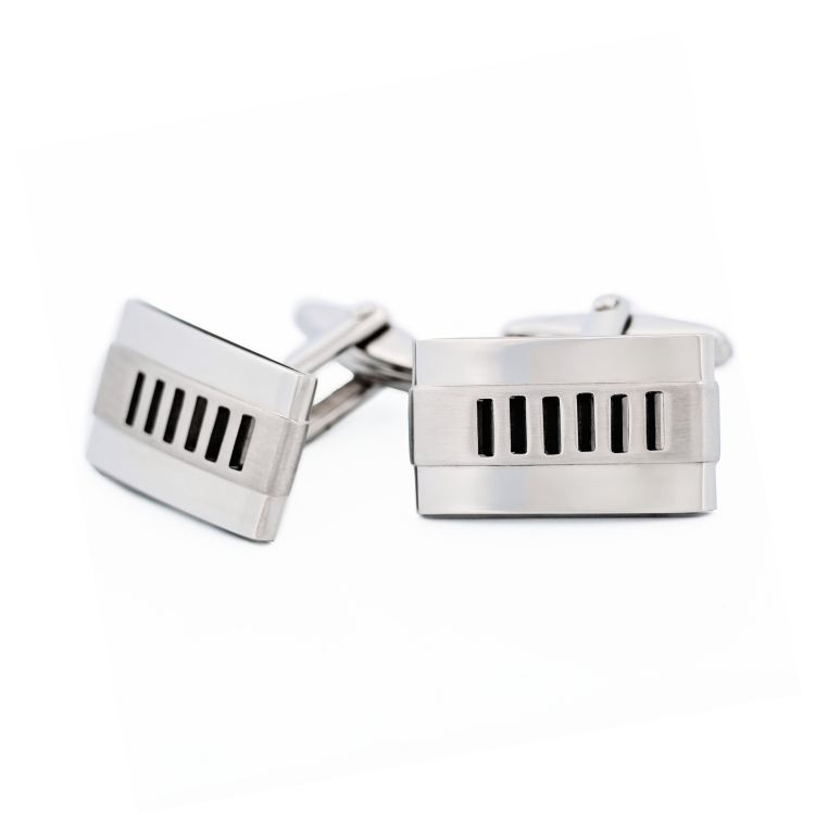 Stainless steel cufflinks with a sophisticated grill pattern by Cudworth, featuring a sleek and polished finish.